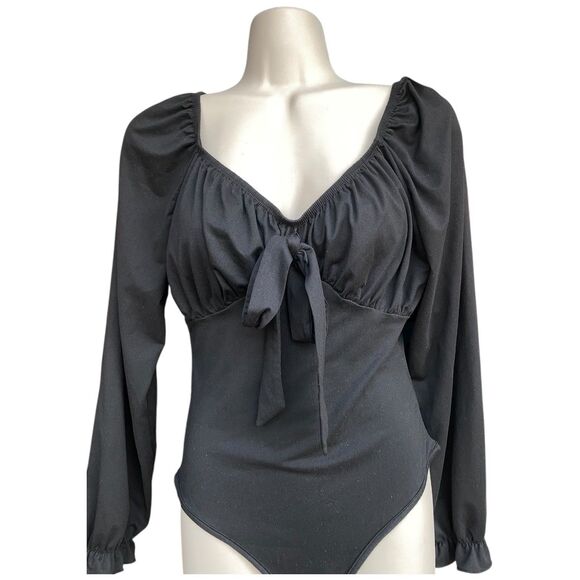 Black Tie Front Long Sleeve Bodysuit Sz S Whimsigoth Coquette Chic Basic Stretch - Picture 4 of 9